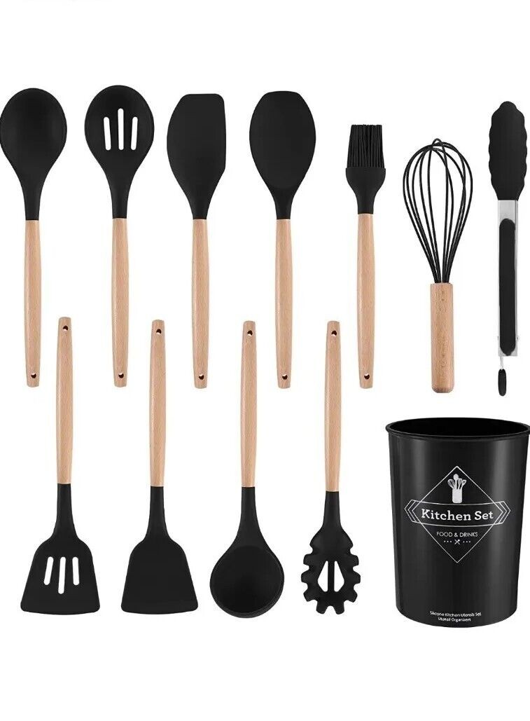 12-PCS Kitchen Silicone Utensil Set - Non Stick Cooking Utensils Wooden Handle